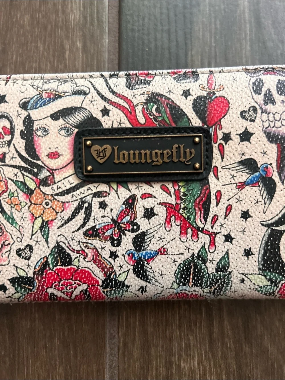 Loungefly Classic Sailor Tattoo Printed Pebbled Wallet in Tan/Multi